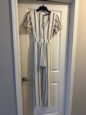 Striped White & Black Short-Sleeve Jumpsuit with Waist Tie